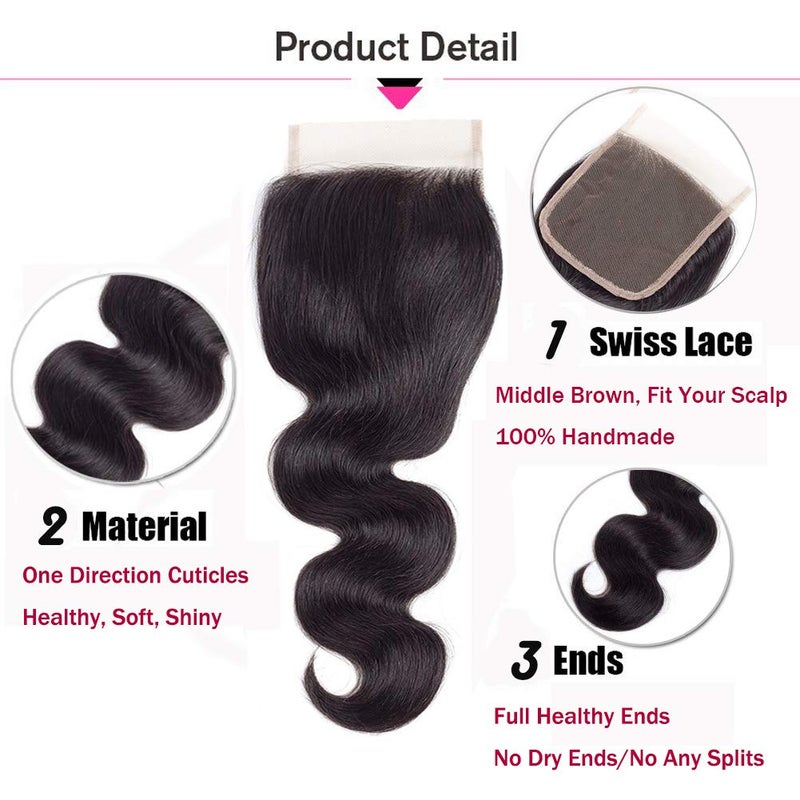 Amella Brazilian Body Wave Hair Bundles 100% Unprocessed Virgin Remy with Closure (18" 20" 22" + Free 16") - Image 4